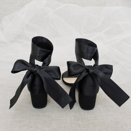 Satin Girls Block Heel Sandal with Wrapped Ribbon Tie