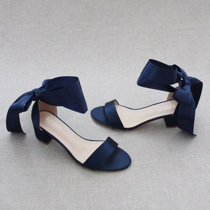 Satin Girls Block Heel Sandal with Wrapped Ribbon Tie
