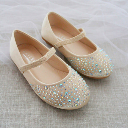 Satin Mary Jane Flats with Rhinestones Embellishment