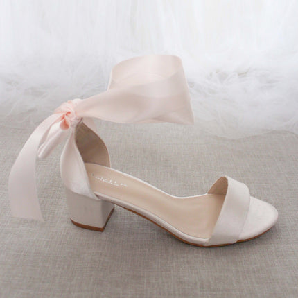 Satin Girls Block Heel Sandal with Wrapped Ribbon Tie
