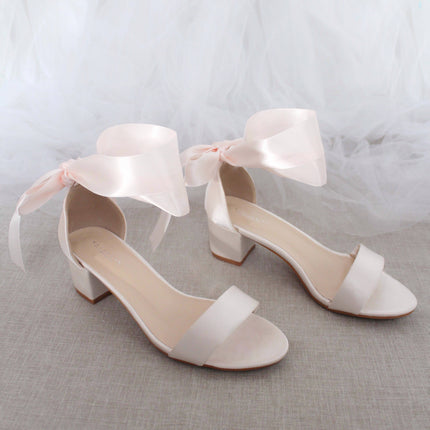 Satin Girls Block Heel Sandal with Wrapped Ribbon Tie