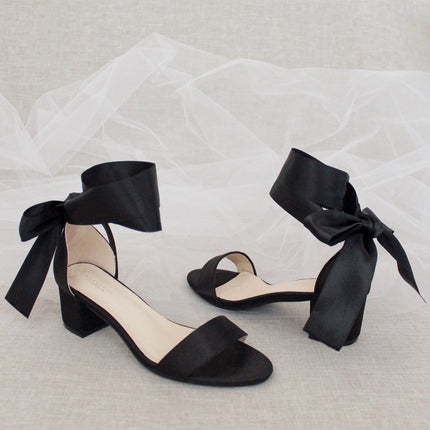 Satin Girls Block Heel Sandal with Wrapped Ribbon Tie