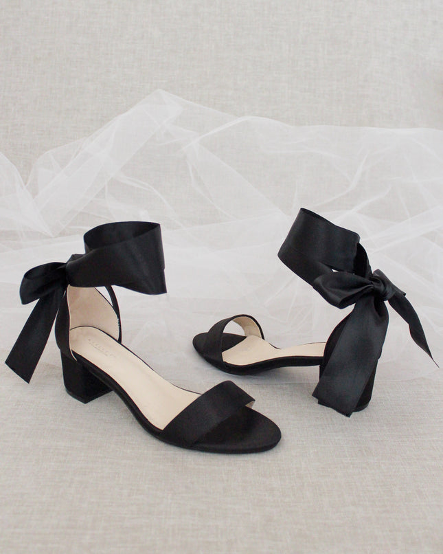 Satin Girls Block Heel Sandal with Wrapped Ribbon Tie