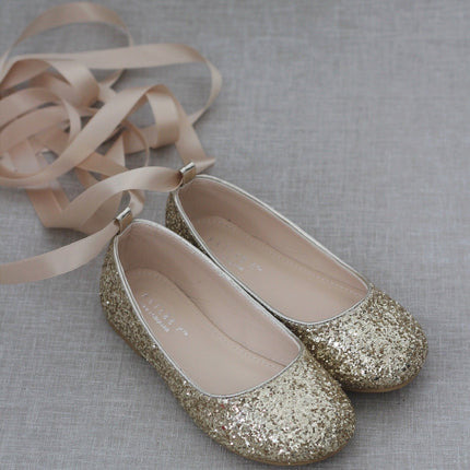 Rock Glitter Ballet Flats with Satin Ankle Strap