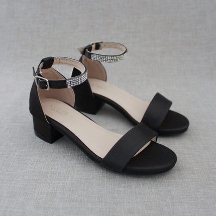 Satin Girls Block Heel Sandals with Mini Rhinestones Embellished Ankle Strap
