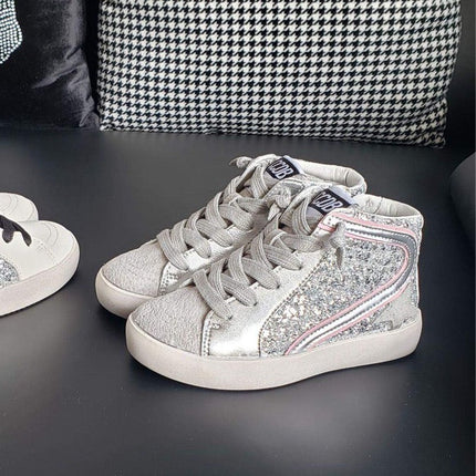 Silver and Pink Hi Top Star Sneakers