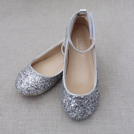 Rock Glitter Ballet Flats With Velcro Ankle Strap