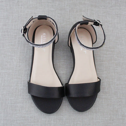 Satin Girls Block Heel Sandals with Mini Rhinestones Embellished Ankle Strap