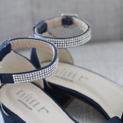 Satin Girls Block Heel Sandals with Mini Rhinestones Embellished Ankle Strap