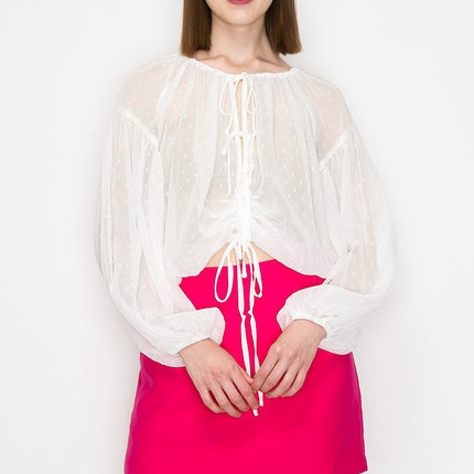 Long sleeve dots jacquard chiffon blouse top