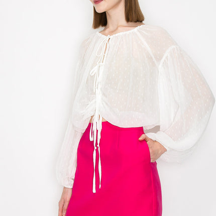 Long sleeve dots jacquard chiffon blouse top