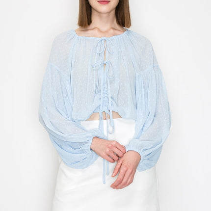 Long sleeve dots jacquard chiffon blouse top