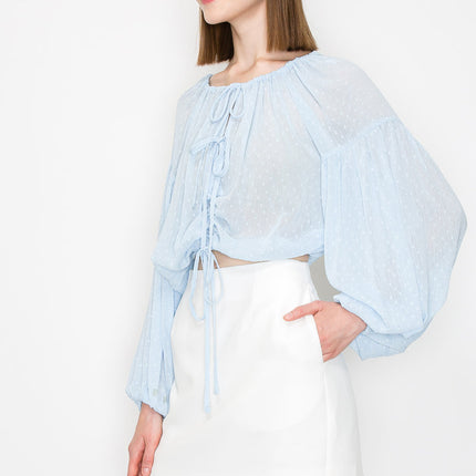 Long sleeve dots jacquard chiffon blouse top