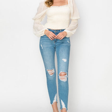 Square Neck Puff Long Sleeve Smocking Detail Blouse