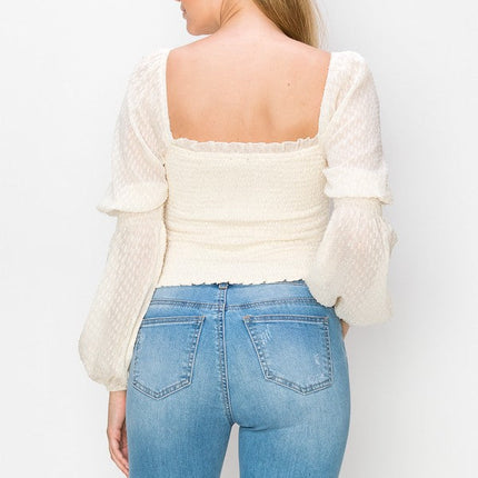 Square Neck Puff Long Sleeve Smocking Detail Blouse