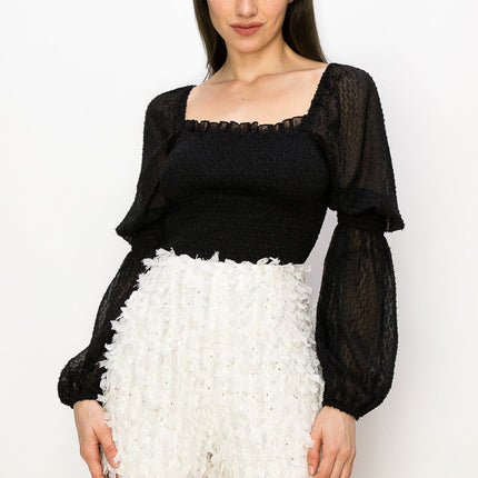 Square Neck Puff Long Sleeve Smocking Detail Blouse