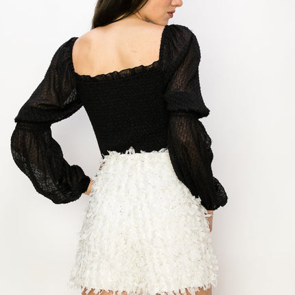 Square Neck Puff Long Sleeve Smocking Detail Blouse