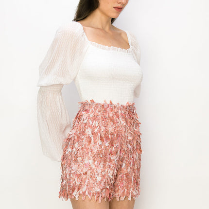 Square Neck Puff Long Sleeve Smocking Detail Blouse