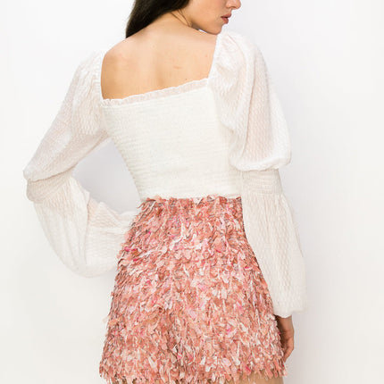 Square Neck Puff Long Sleeve Smocking Detail Blouse
