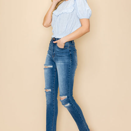 Ruffle crop top with puff sleeve and an open back design