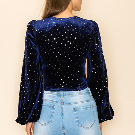 METALLIC VELVET RUCHED FRONT BLOUSE