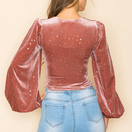 METALLIC VELVET RUCHED FRONT BLOUSE