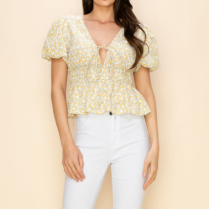 Puff short sleeve floral print top