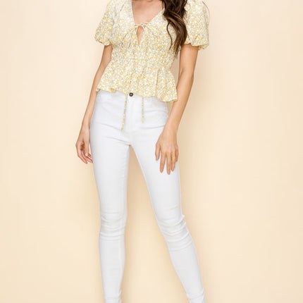 Puff short sleeve floral print top
