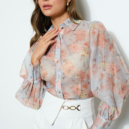 Long Puff Sleeve Floral Print Blouse Top