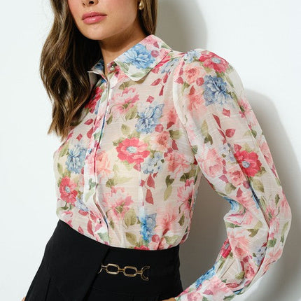 Long Puff Sleeve Floral Print Blouse Top