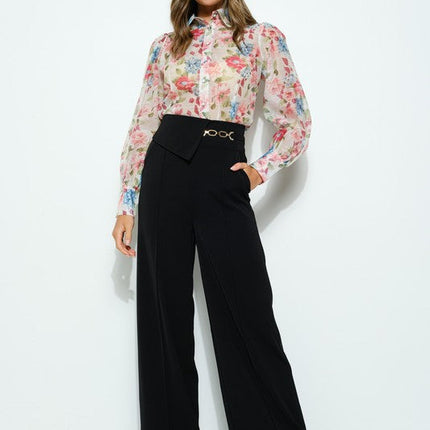 Long Puff Sleeve Floral Print Blouse Top