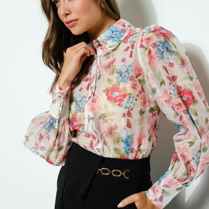 Long Puff Sleeve Floral Print Blouse Top