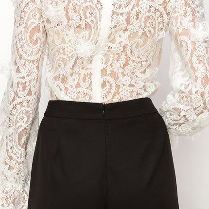 Long sleeve mock neck butterfly lace blouse
