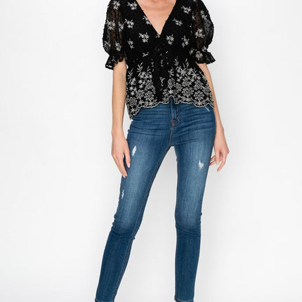 V Neck Puff Short Sleeve Embroidery Top With Self Tie Bow
