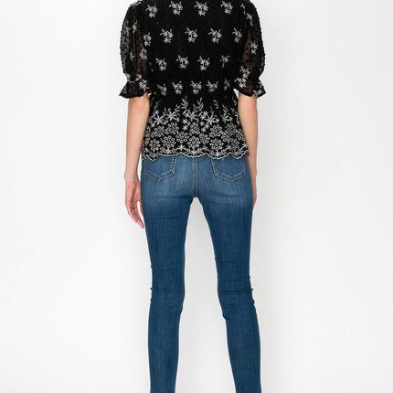 V Neck Puff Short Sleeve Embroidery Top With Self Tie Bow