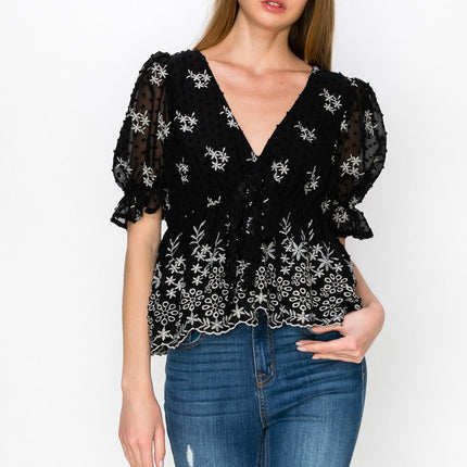 V Neck Puff Short Sleeve Embroidery Top With Self Tie Bow