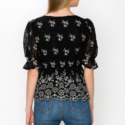 V Neck Puff Short Sleeve Embroidery Top With Self Tie Bow