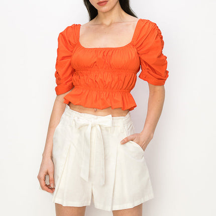 Cotton Square neck puff sleeve smocked crop top