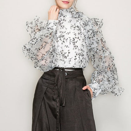 High Neck Long Sleeve Floral Print Frilled Blouse