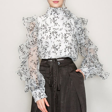 High Neck Long Sleeve Floral Print Frilled Blouse