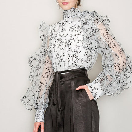 High Neck Long Sleeve Floral Print Frilled Blouse