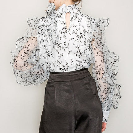 High Neck Long Sleeve Floral Print Frilled Blouse