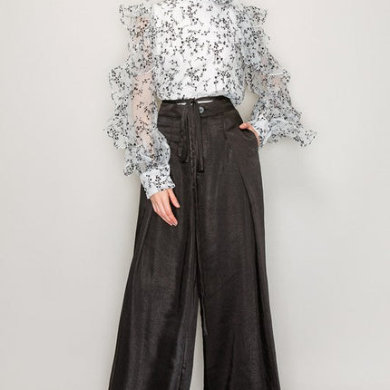 High Neck Long Sleeve Floral Print Frilled Blouse