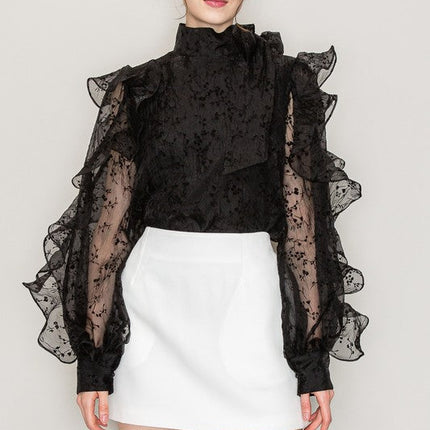 High Neck Long Sleeve Floral Print Frilled Blouse