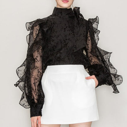 High Neck Long Sleeve Floral Print Frilled Blouse