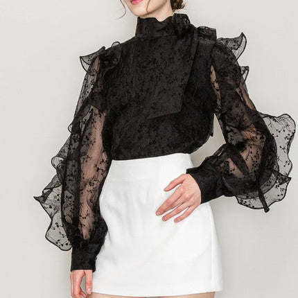 High Neck Long Sleeve Floral Print Frilled Blouse