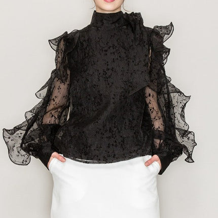 High Neck Long Sleeve Floral Print Frilled Blouse