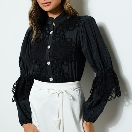 High Neck Long Sleeves Lace Blouse Top
