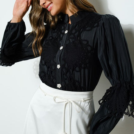 High Neck Long Sleeves Lace Blouse Top