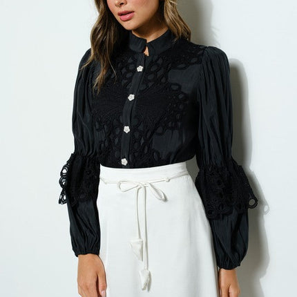 High Neck Long Sleeves Lace Blouse Top